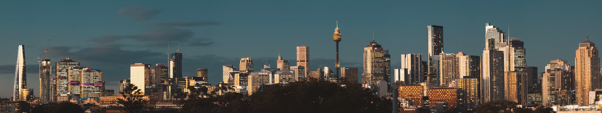 A city skyline with numerous modern skyscrapers under a clear blue sky