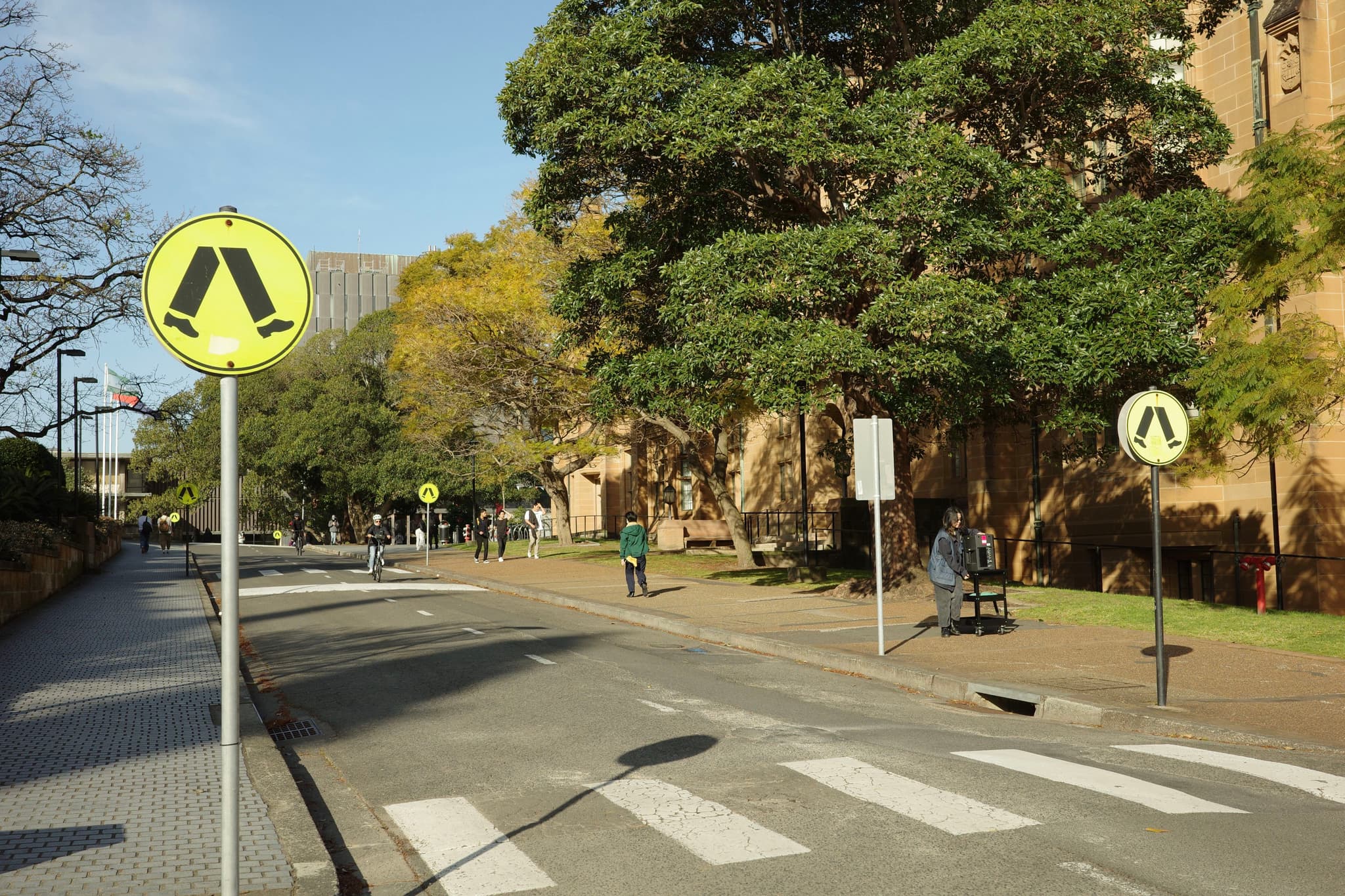 A pedestrian crossing on a tree-lined street with yellow crossing signs and people walking on the sidewalk