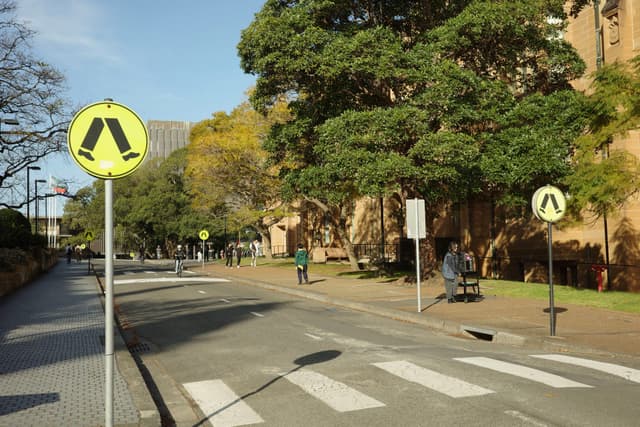 A pedestrian crossing on a tree-lined street with yellow crossing signs and people walking on the sidewalk