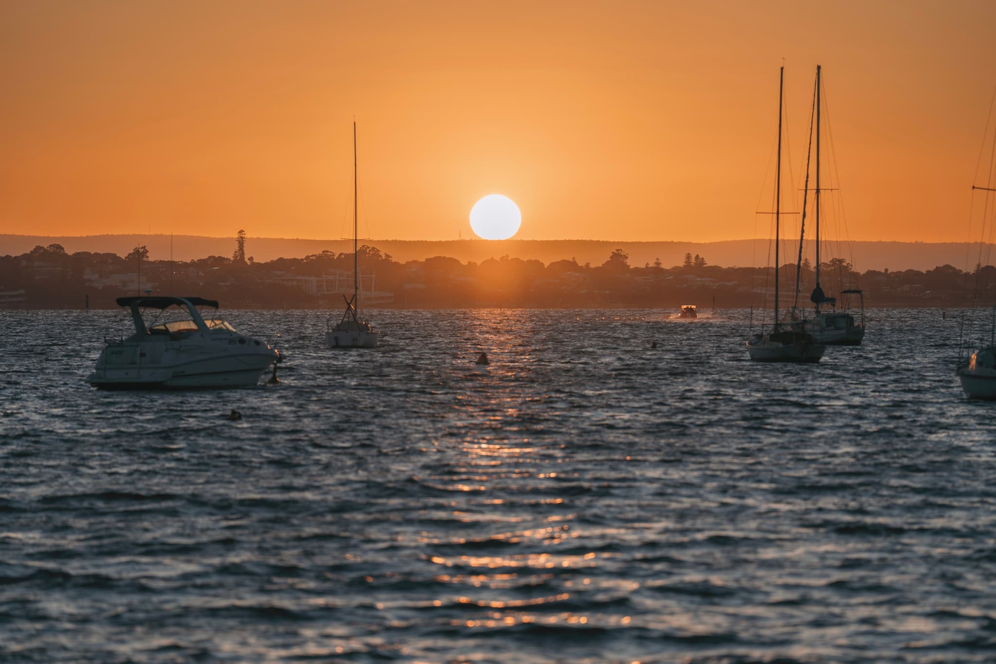 A sunset over a body of water with several sailboats and a warm orange sky