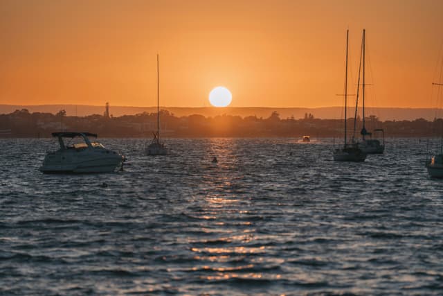 A sunset over a body of water with several sailboats and a warm orange sky
